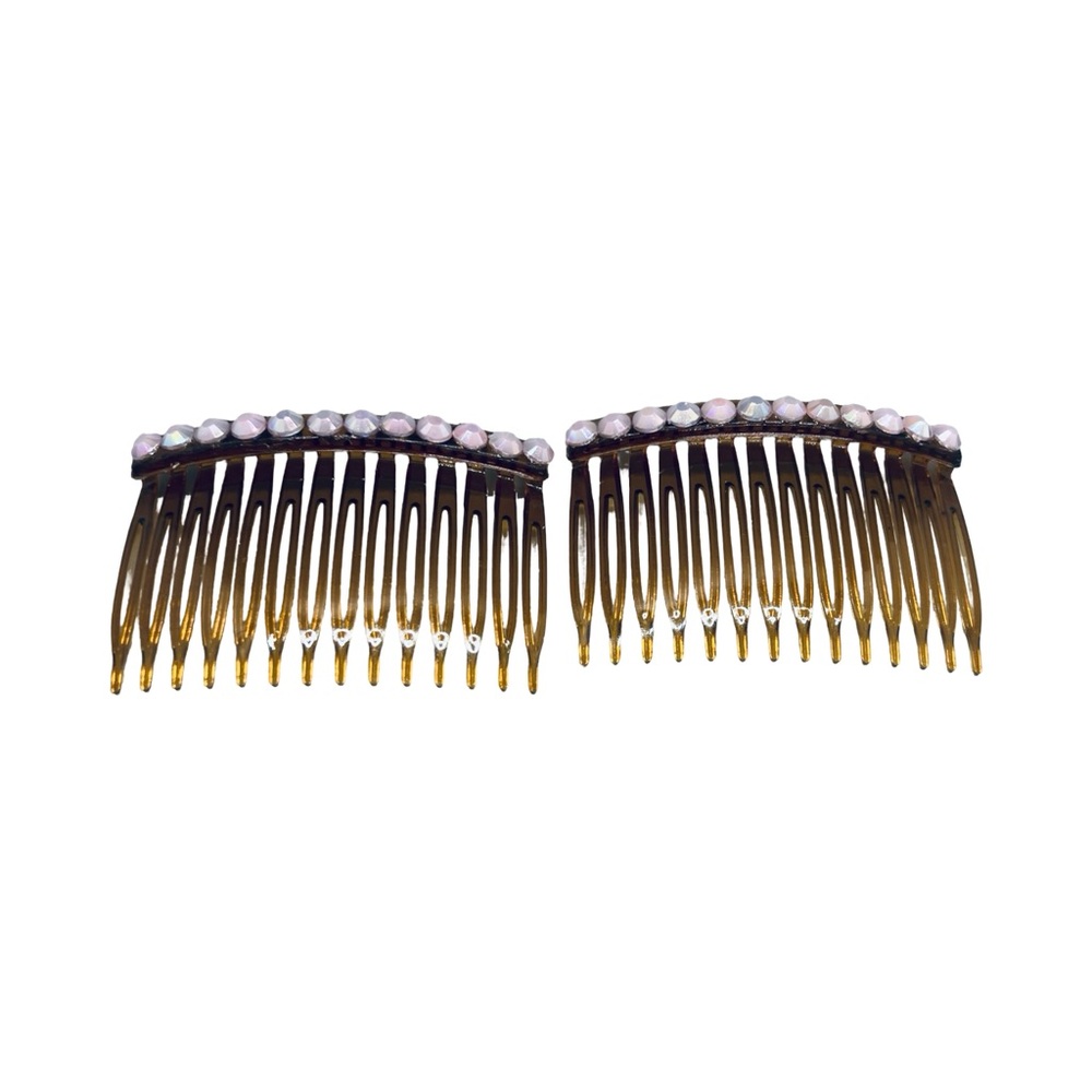 Elegant Golden Brown Hair Combs with Iridescent Pearl Accents - Picture 2 of 2